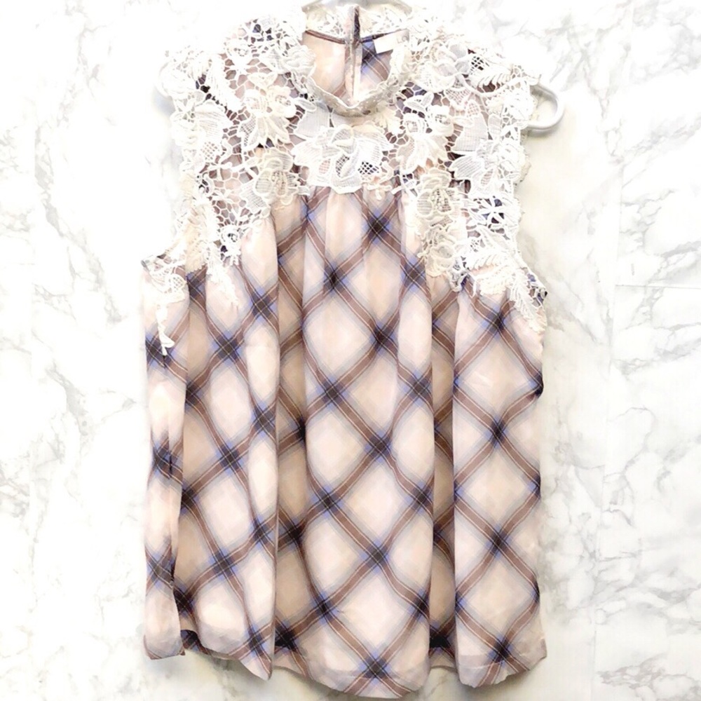Loft Plaid Lacy Mockneck top